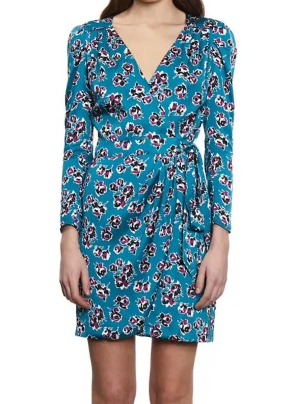$415 The Kooples Teal Rock Roses Long Sleeve Wrap Dress XS NWT